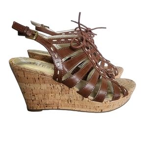 Guess Brown Gladiator Lace Up Cut Out Slingback Platform Wedge Heels size 7.5